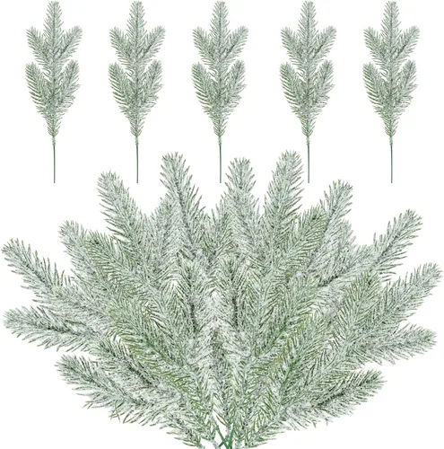 Wnvivi 30 ramas de pino esmerilado de nieve, ramas de árbol de Navidad nevadas, ramas de pino falsas, tallos de acebo para manualidades, corona,