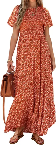 Miniatura 15 de PRETTYGARDEN - Vestido largo casual de verano para mujer, manga corta acampanada, bohemio, floral, cuello redondo, vestido blusón, escalonado