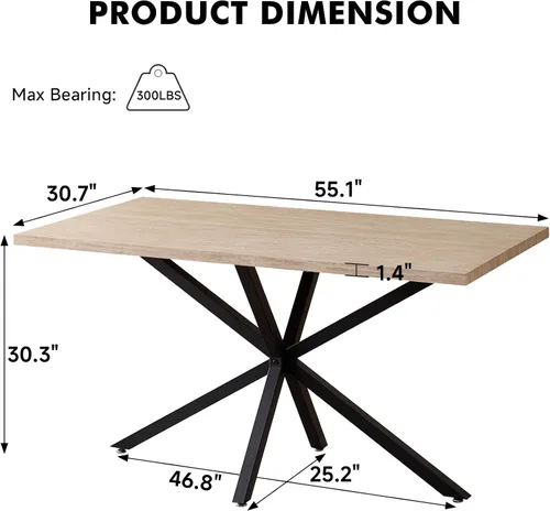 Miniatura 2 de Mesa de comedor de 55.1 pulgadas para 2 4 personas, pequeña mesa de cocina rectangular moderna de mediados de siglo con patas cruzadas de metal