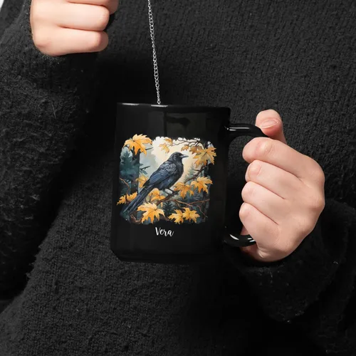 Miniatura 3 de Taza de café personalizada de cuervo con nombre de amante de cuervos, taza de café negra personalizada de animales de 11 onzas y 15 onzas, taza