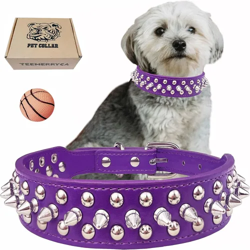 TEEMERRYCA Collares ajustables de piel sintética con tachuelas para perro con una bola chirriante, regalo para mascotas pequeñas, medianas y Púrpura