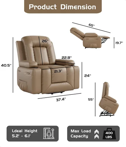 Miniatura 3 de GarveeHome Silla reclinable eléctrica con elevación eléctrica, calor y masaje, sillón reclinable eléctrico de poliuretano sintético para personas