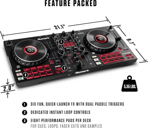 Miniatura 5 de Numark Mixtrack Platinum FX Controlador para DJ, para Serato DJ, con control de 4 cubiertas, mezclador, interfaz de audio incorporada, rueda