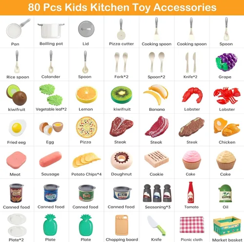 Miniatura 4 de Juego de cocina de 80 piezas, cocina para niños pequeños con ollas, sartenes, utensilios de cocina, alimentos, manta de picnic, frutas, verduras
