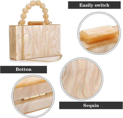 Miniatura 3 de Monederos acrílicos de noche, bolso de mano de mármol para mujer, bolso cruzado con cadena de perlas, formal, boda, fiesta de graduación