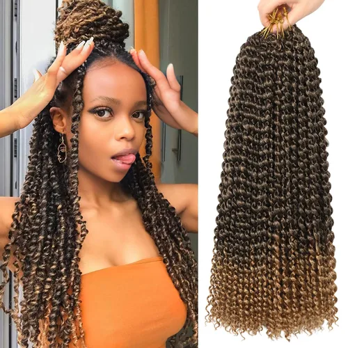 Miniatura 65 de Cabello Passion Twist de 30 pulgadas, cabello rubio de ondas de agua con ganchillo para mujeres, cabello rubio Passion Twist de ganchillo largo 27#
