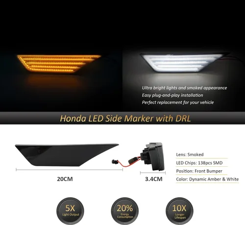 Miniatura 3 de D-Lumina Luces LED de Marcador Lateral Switchback Lente Ahumada Señal de Giro Secuencial LED para Honda Civic Si Hatchback de 10ª Generación Ámbar