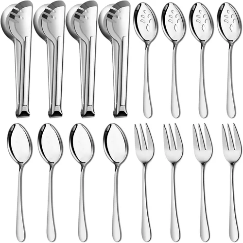 Pleafind Juego de 16 utensilios de servir de acero inoxidable con cucharas de servir, cucharas de servir ranuradas, tenedores para servir y pinzas