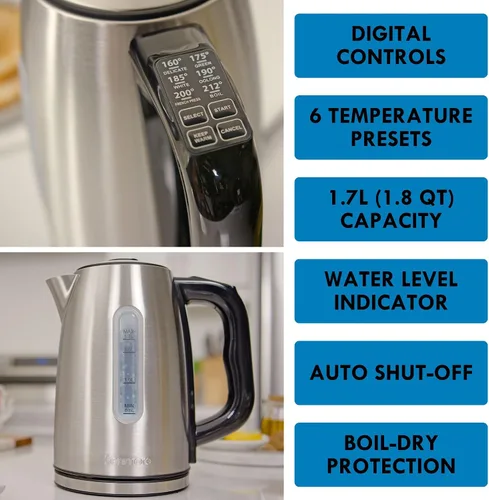 Miniatura 5 de Kenmore - Hervidor digital inalámbrico de 1.7 L/1.8 cuartos de galón, hervidor eléctrico de acero inoxidable con control de temperatura digital