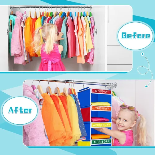 Miniatura 4 de Amylove Organizador semanal de ropa para niños, 2 piezas, con 7 estantes, organizador colgante de armario de 11.8 x 11.8 x 50 pulgadas, actividades