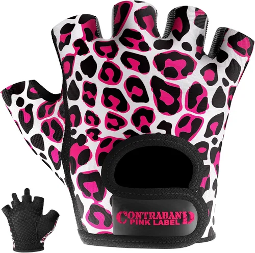 Contraband Pink Label 5297 Design Series - Guantes de levantamiento y remo con estampado de leopardo (par) – Ligero vegano medio acolchado de