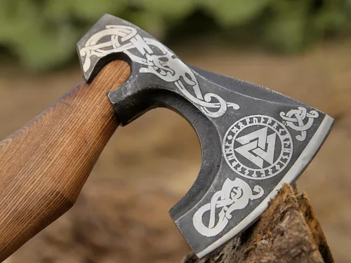 Miniatura 4 de ANCILLA Hacha vikinga de 16 pulgadas para camping, hecha de hoja de acero al carbono forjada a mano y mango de palisandro, el hacha viene con funda