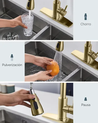 Miniatura 3 de FORIOUS Grifo de cocina dorado con rociador desplegable, grifo de fregadero clásico de acero inoxidable de arco alto con mango único, 1 o 3