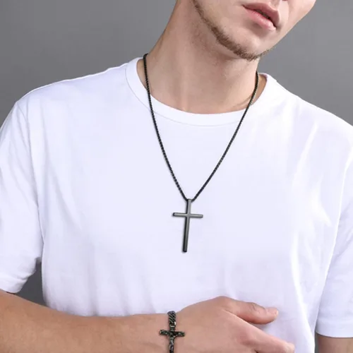 Miniatura 14 de Collar de cruz para hombre, regalo de Navidad, colgante de cruz, versículo bíblico, collares de acero inoxidable