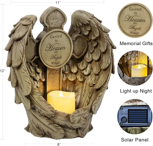 Miniatura 7 de Estatua conmemorativa de alas de ángel solar con vela LED y cruz, decoración de tumbas de resina resistente a la intemperie para cementerio, regalos