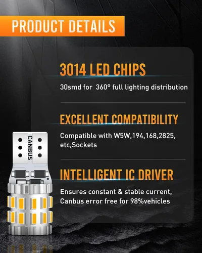 Miniatura 8 de 194 Bombilla LED Ámbar Amarilla 9-30v CANbus sin errores W5W 168 2825 Bombilla LED para luces de domo, mapa, puerta, cortesía, maletero