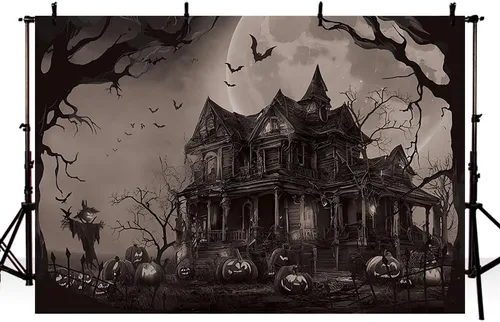 Miniatura 2 de MEHOFOND Telón de fondo aterrador de Halloween de 7 x 5 pies, murciélago de luna aterradora, calabaza aterradora, noche de Halloween, luna llena