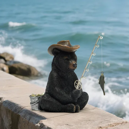 Miniatura 6 de Hodao Figuras de pesca de oso negro, decoración de oso de verano, manualidades para decoración de escritorio de oficina en casa, estatua