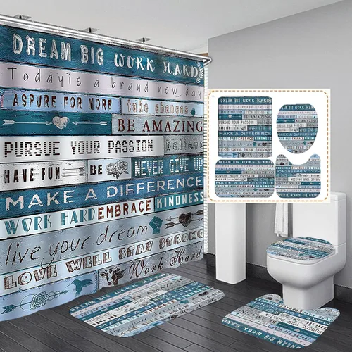Miniatura 11 de Juego de 4 cortinas de ducha con citas inspiradoras, escaleras de arte en blanco y negro, decoración de baño motivacional para hombres, cortina
