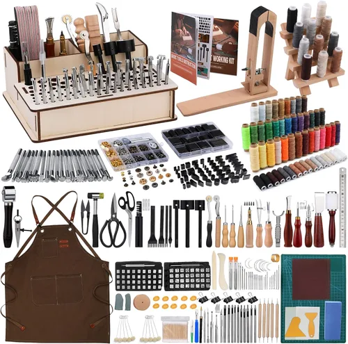 Miniatura 8 de Tikjiua 456 piezas de herramientas para trabajar el cuero con delantal y bolsa de herramientas, kit de manualidades de cuero con herramientas