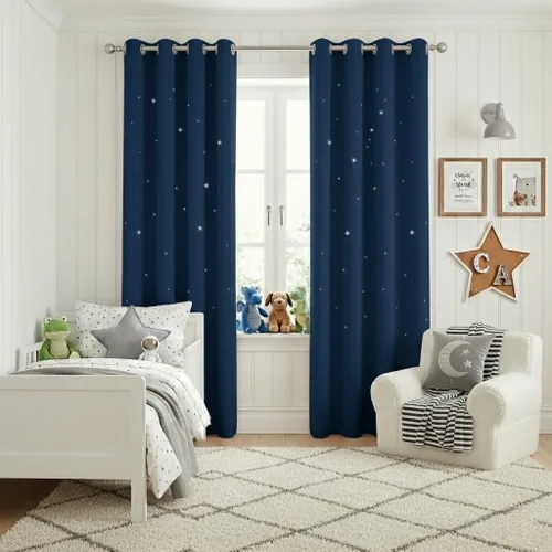 Miniatura 55 de NICETOWN Cortinas infantiles perforadas, cortinas marroquíes con estrellas azules para dormitorio de niñas, gruesas y suaves, para oscurecer la Azul