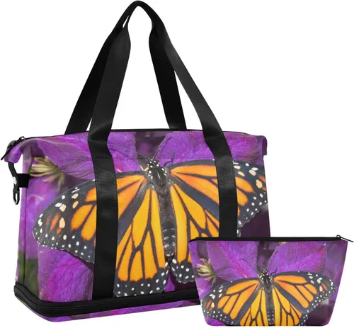Monarch Butterfly Flower Bolsa de viaje deportiva para hombres y mujeres, bolsa de gimnasio con compartimento para zapatos y correa para el hombro,