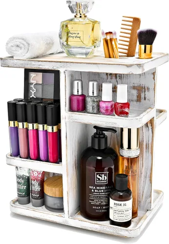 Sorbus Organizador de Maquillaje de 360° - Carrusel de Almacenamiento de Madera Rústica Gris para Cosméticos, Maquillaje, Organizador de Cuidado de