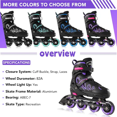 Miniatura 6 de Patines en línea para niñas y niños de 5 a 8 años, 8 a 12 años, ruedas iluminadas, tamaño ajustable, para niños, adultos, mujeres, exteriores Púrpura