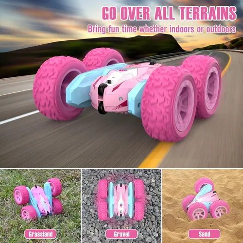 Miniatura 8 de Automóvil a control remoto, camiones RC rosas para niñas, camión RC recargable, juguete de auto de acrobacias de doble cara de 2.4Ghz rotación 360°