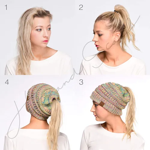 Miniatura 5 de C.C Exclusives - Gorro de invierno para mujer con agujero para coleta o moño, gorro beanie para mujer (MB-20A)