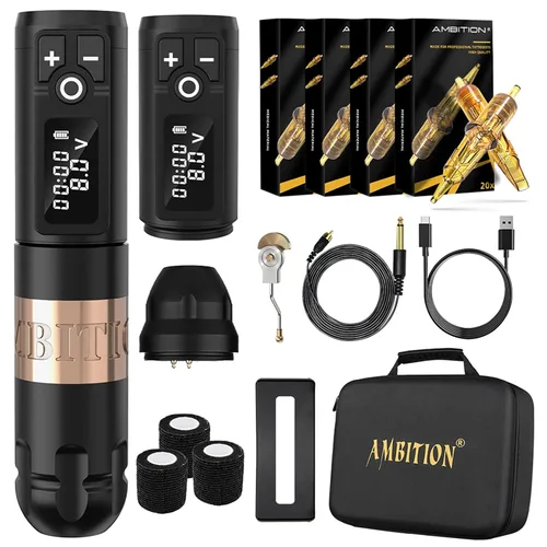 Miniatura 10 de Ambition Kit de máquina de tatuaje inalámbrica soldado, kit completo de bolígrafo de tatuaje con motor rotativo sin núcleo, batería extra de 2400