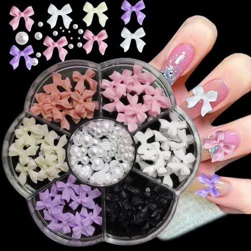 Abalorios de uñas de lazo 3D, 6 colores acrílicos 3D coloridos con nudo de lazo de diamantes de imitación rosa, blanco, negro, morado, suministros