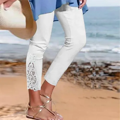 Miniatura 2 de Featur - Leggings de yoga recortados para mujer, cintura alta, pantalones capri elásticos con costuras de encaje, talla grande, pantalones