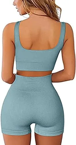 Miniatura 2 de fatty tiger Conjuntos de entrenamiento acanalados para mujer, 2 piezas, trajes de gimnasio, ombligueras, pantalones cortos de cintura alta