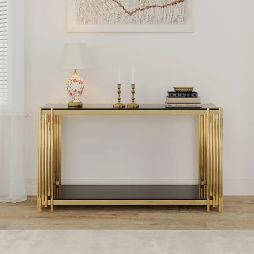 Miniatura 3 de SSLine Mesa consola moderna de lujo, mesa rectangular de cristal para entrada de pasillo, sala de estar, almacenamiento de 2 niveles, diseño