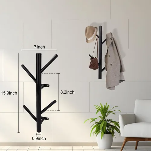 Miniatura 4 de Paquete de 2 percheros verticales de metal montado en la pared, moderno perchero y sombrero, perchero de árbol de 15.9 pulgadas para sombreros