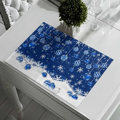 Miniatura 7 de Juego de 6 manteles individuales de mesa de Navidad, manteles individuales de algodón y lino antideslizantes lavables, bolas de Navidad, copos
