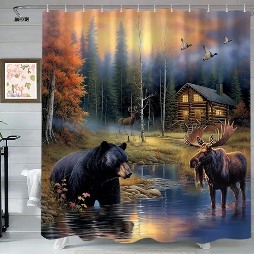 Miniatura 9 de Sanzugh Cortina de ducha rústica para cabaña de pesca, caravana, remolque, baño, campo, lago, camping, juego de cortinas de ducha pequeñas y cortas