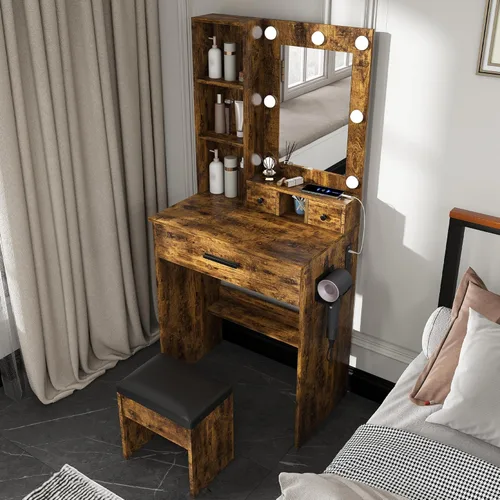 Miniatura 3 de Dressing table with mirror and adjustable LED light, built-in power socket, with 1 large drawer, 2 compact drawers, built-in power socket hairdryer
