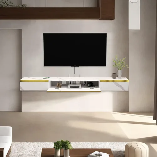 Miniatura 5 de Pmnianhua Estante Flotante de TV con Cajones, Consola de TV Montada en Pared de 59'', Estante de Medios de Entretenimiento con 2 Cajones y 1 Puerta
