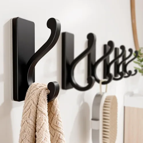 Miniatura 6 de Ganchos de Pared Negros para Abrigos, Paquete de 6 Ganchos Autoadhesivos de Montaje en Pared para Ropa, Toallas, Llaves, Cartera, Mochila, Bolsa