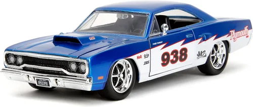 Jada Big Time Muscle 1:24 1970 Plymouth Roadrunner - Auto fundido a presión, juguetes para niños y adultos (azul caramelo/blanco)
