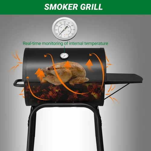 Miniatura 4 de Outvita Asador de carbón en barril con rejilla para calentar, parrilla de barbacoa al aire libre con mesa lateral delantera con amplia área