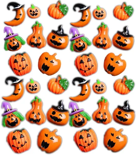 32 dijes de resina para Halloween, calabaza, brujas, manzana, cuentas de espalda plana, cabujones, adornos de plástico para hacer joyas, disfraces