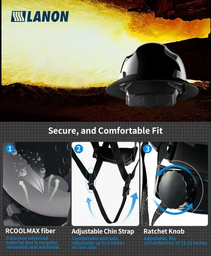 Miniatura 5 de LANON Casco Duro Negro de Ala Completa, Aprobado por OSHA para Trabajo de Construcción, Casco de Seguridad HDPE con Suspensión de Trinquete