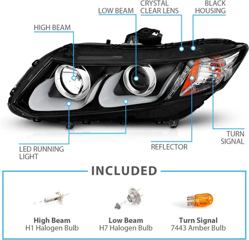 Miniatura 4 de AmeriLite Juego de faros delanteros de repuesto con proyector para Honda Civic Sedan/Coupé, doble barra LED, color negro, lado del pasajero
