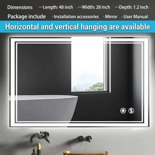 Miniatura 4 de Espejo LED de 48 x 28 pulgadas para baño, espejo de baño antivaho con luces regulables, 3 colores, luces delanteras y retroiluminadas, espejo