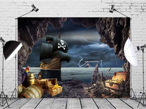Miniatura 2 de Telón de fondo de barco pirata de 7 x 5 pies, aventura náutica, búsqueda del tesoro, fotografía, telón de fondo, temática pirata, decoraciones