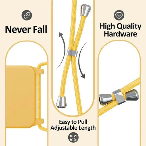 Miniatura 3 de Funda cruzada con cordón para iPhone 16, para el cuello, la muñeca, manos libres, correa ajustable y removible, de 160 cm, de silicona con Amarillo