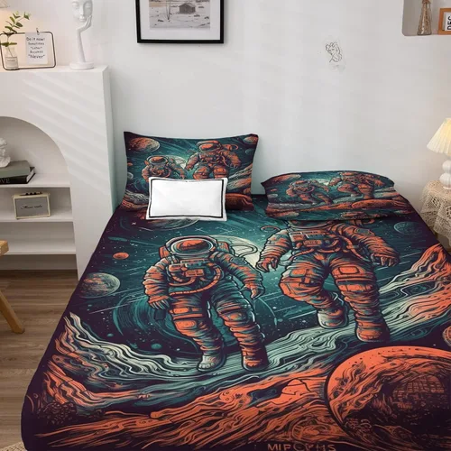 Miniatura 2 de NOGAWA Juego de sábanas de astronauta tamaño individual XL, sábanas espaciales, sábanas y fundas de almohada estampadas de 3 piezas, sábana bajera